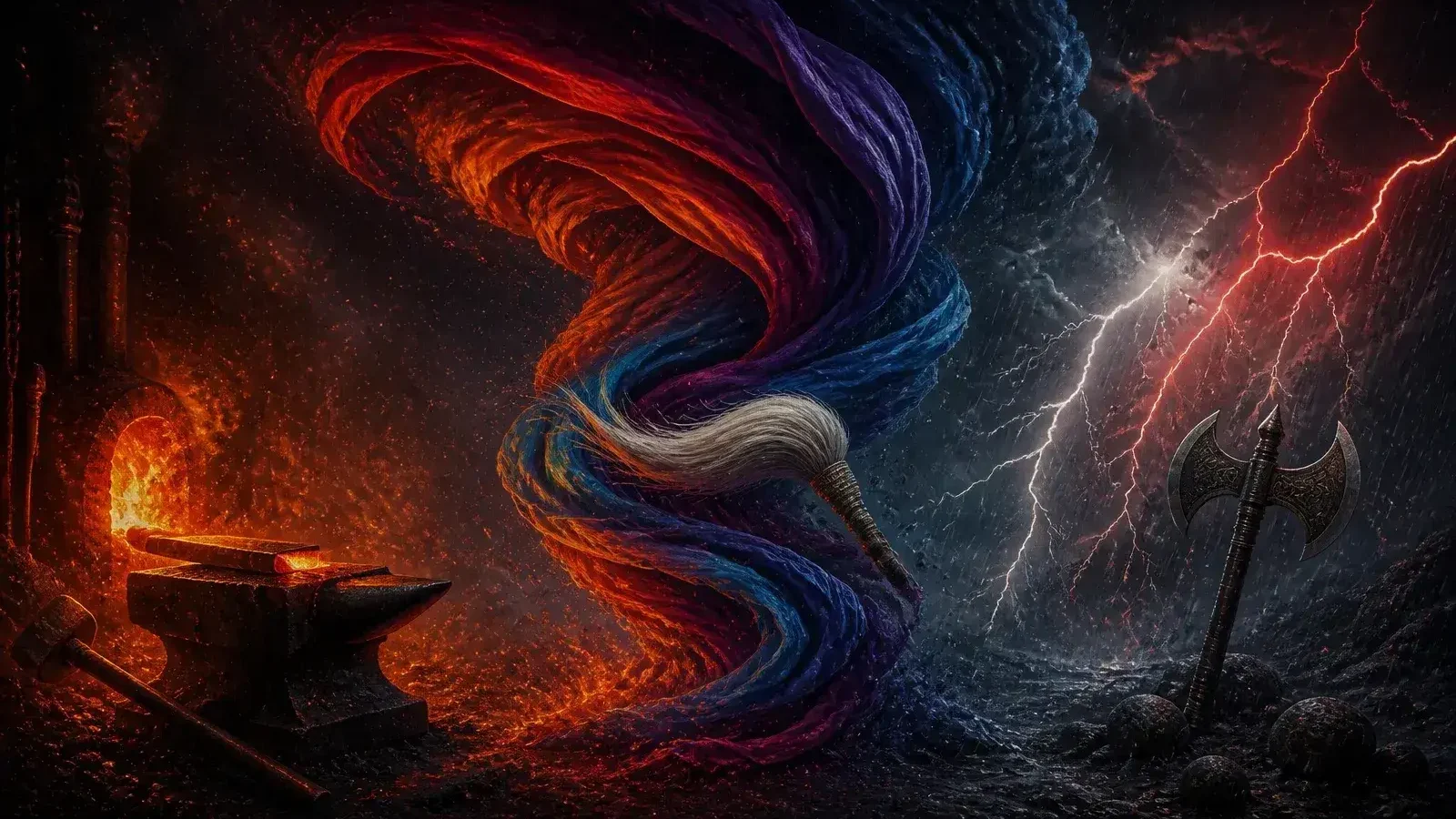 Cinematic illustration of the Orisha pantheon lineage triangle