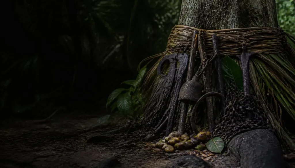 A massive, deep-rooted sacred tree emerging from the earth.